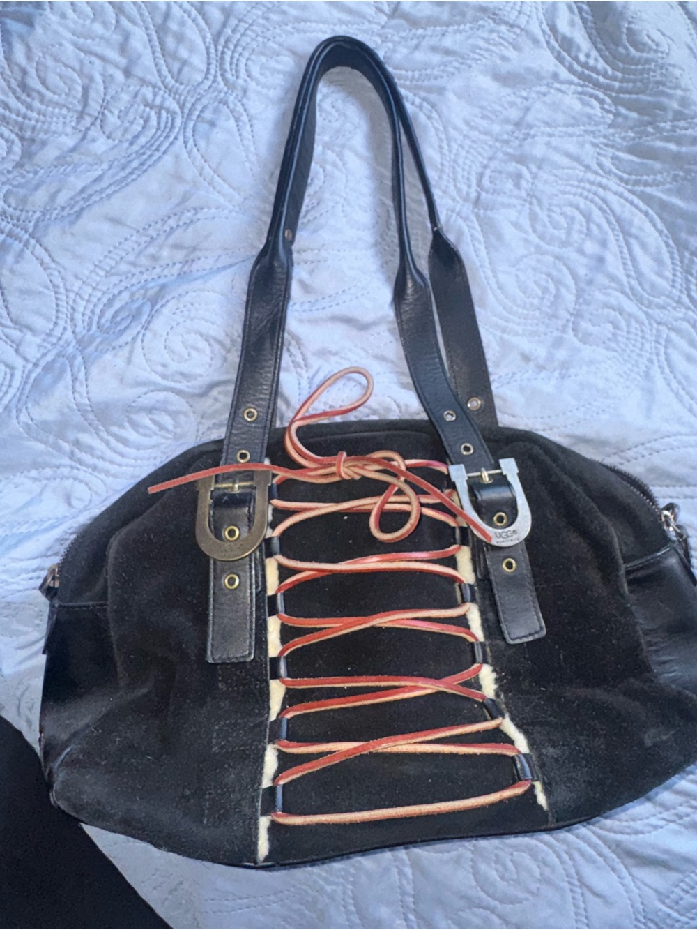 UGG Black Suede Shoulder Bag with Tan Lace-Up Detail